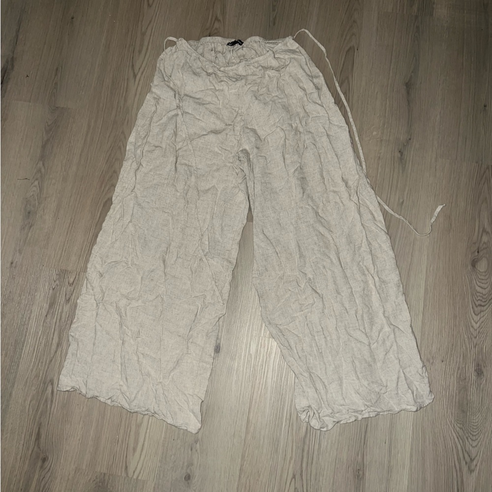 ASOS Beige Wide Leg Pants Size 14 | Tie Waist, Linen-Blend